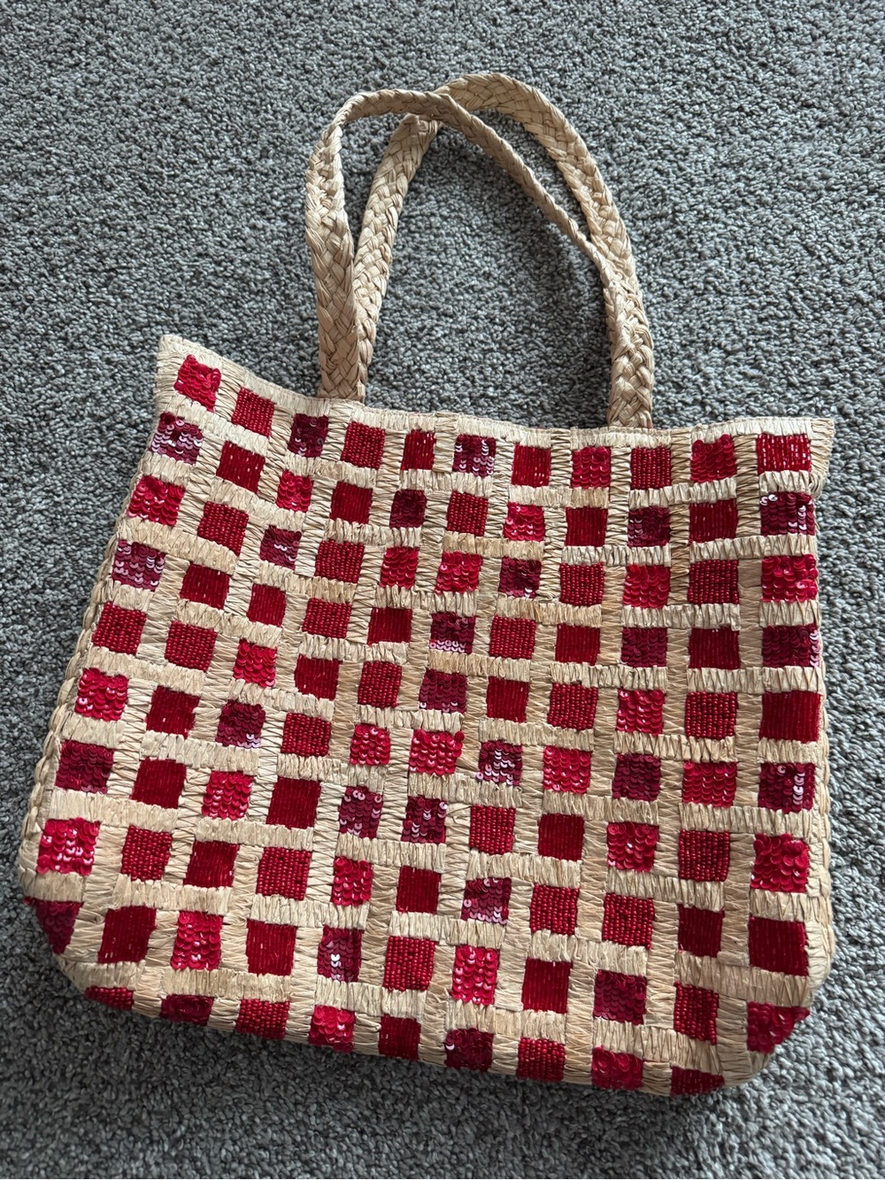 Anthropologie Beaded Bag with Red Sequin Check Pattern